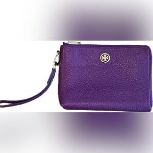Tory Burch Robinson Purple Iris Pebble Leather Wristlet w/Gold Logo Medallion